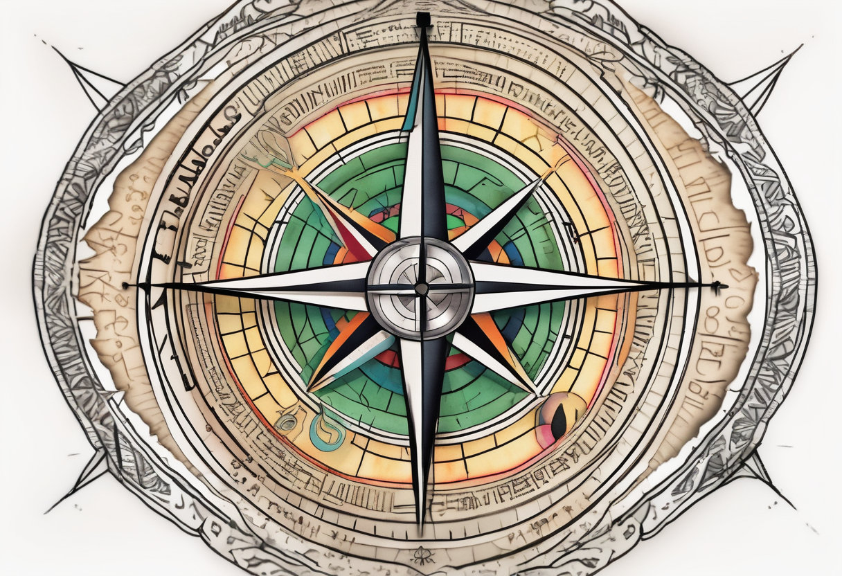 Compass on the hand in the shape of Nigeria with longitude written on the top and latitude written on the bottom. Draw lines from a treasure map connecting from the arm to the tattoo fishing tattoos, design de tatouage Dotwork généré par IA